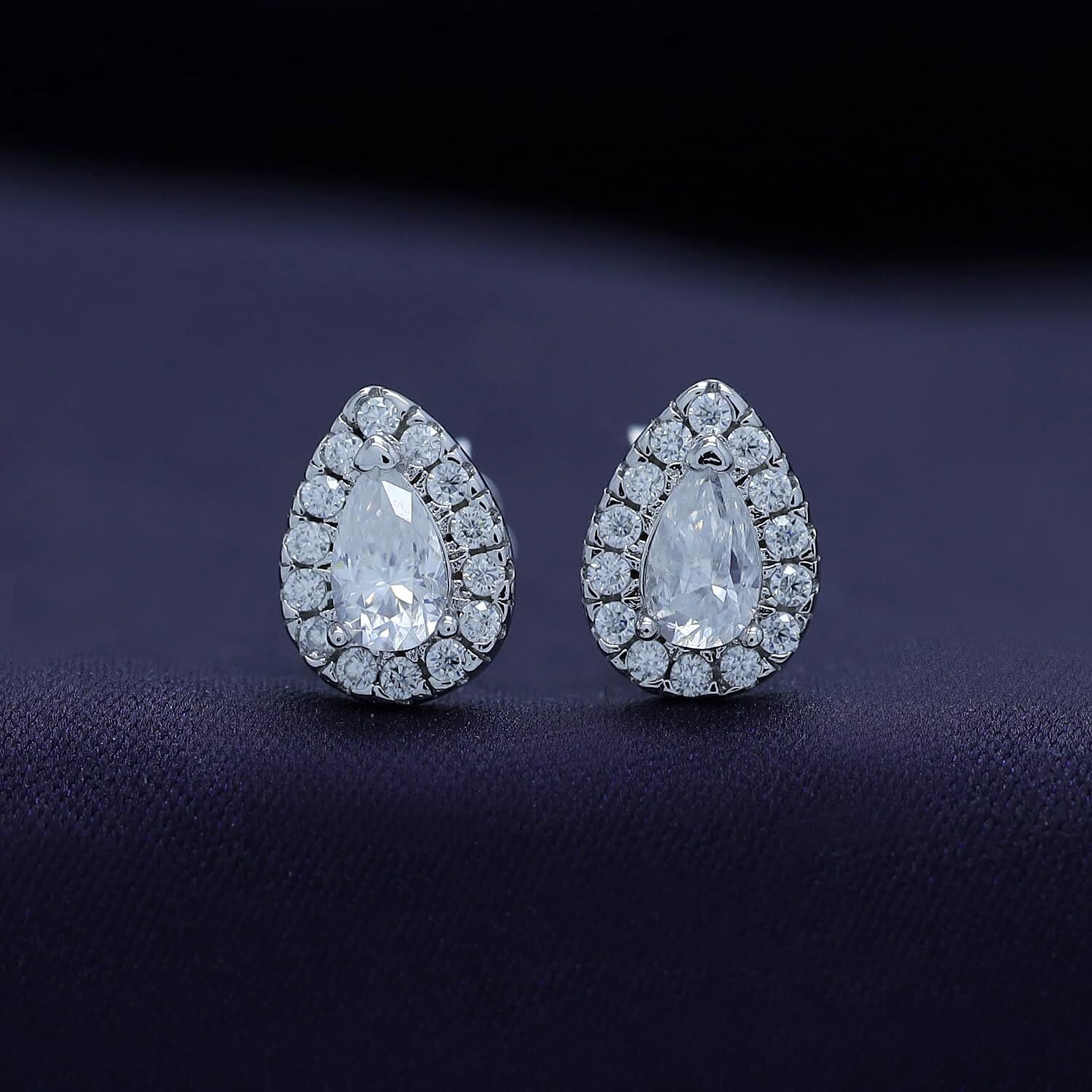18k White Gold Plated Sterling Silver Post Halo Stud Earrings | 1/2 ctw Teardrop Moissanite Diamond Stud Earrings for Women | Push Back Earrings For Her (0.50 Ctw)