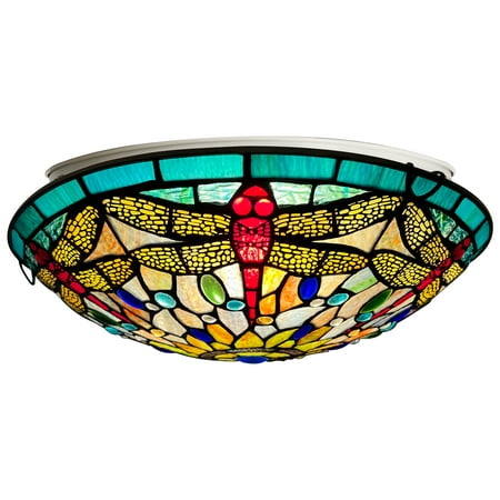 

Tiffany Ceiling Light 16 Inch 3-Light Red Dragonfly Stained Glass Flush Mount Light