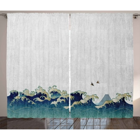 Japanese Wave Curtains 2 Panels Set, Aquatic Swirls Flying Birds of Ocean Ukiyo-e Style Artwork Grunge Print, Window Drapes for Living Room Bedroom, 108W X 90L Inches, Grey Blue Cream, by (Best Way To Keep Birds From Flying Into Windows)