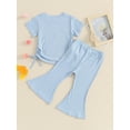 thumbnail image 5 of Musuos Toddler Girls Ribbed Summer Outfits, 9M 12M 18M 24M 3Y 4Y Short Sleeve Round Neck Side Drawstring Tops + Elastic Waist Flare Pants Set, 5 of 10