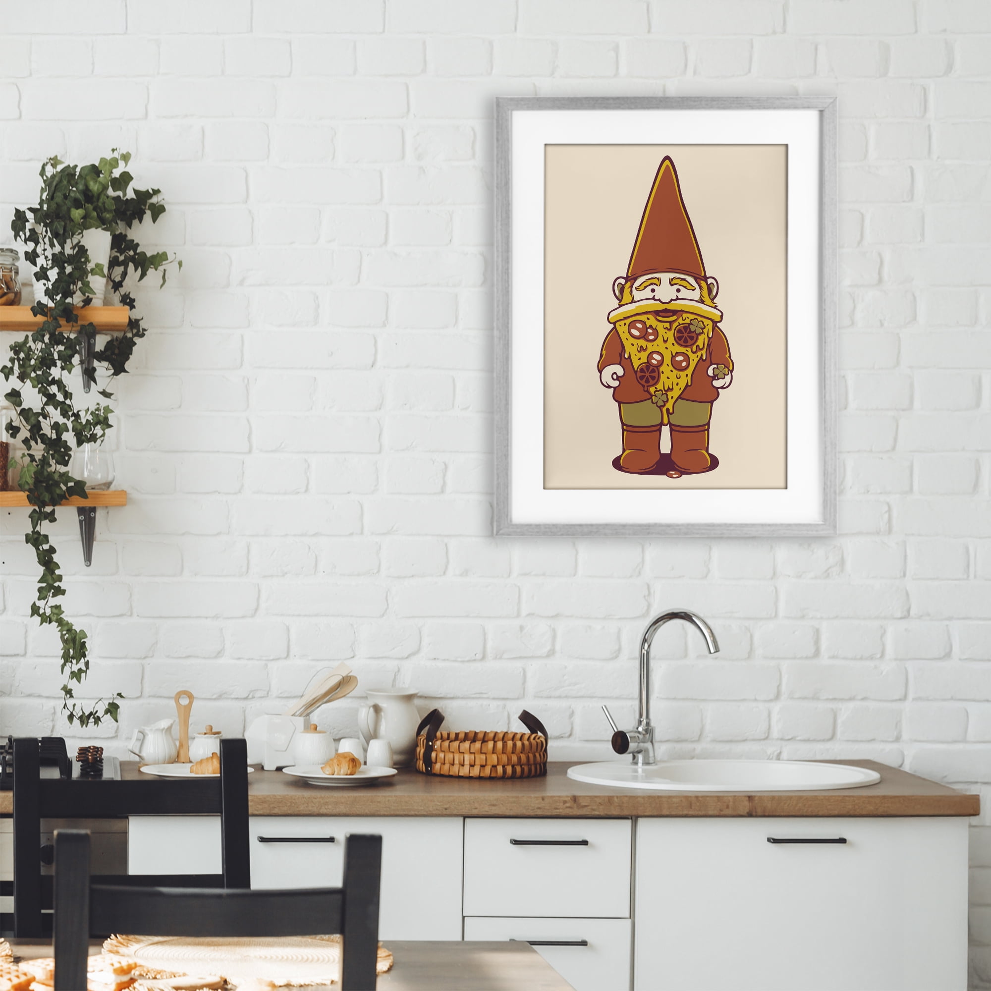 Stupell Industries Happy Pizza Gnome Gray Framed Print Under Glass, design by Tobe Fonseca