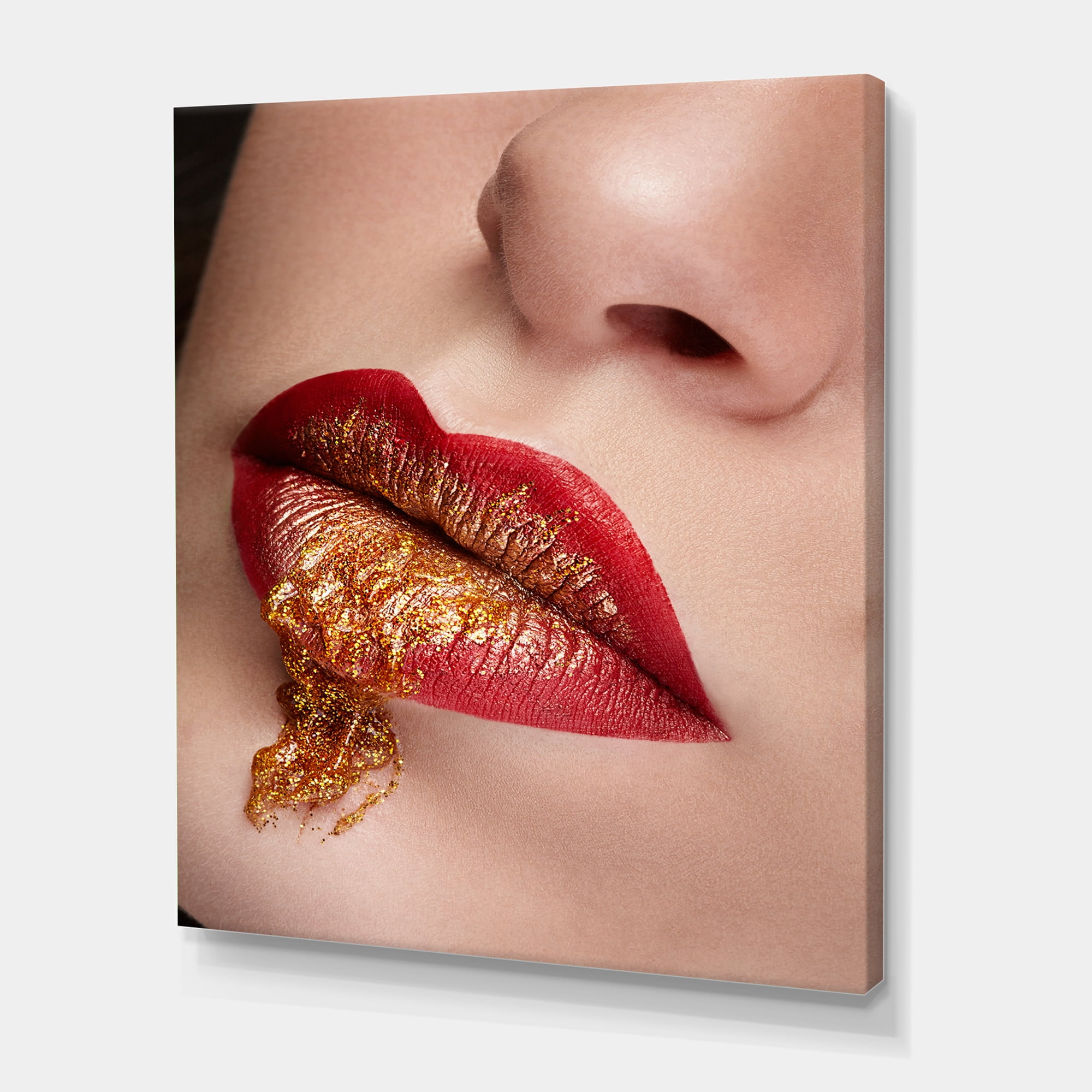 Designart ' Close Up Lips With Gold and Red Make Up ' Modern Canvas Wall Art Print