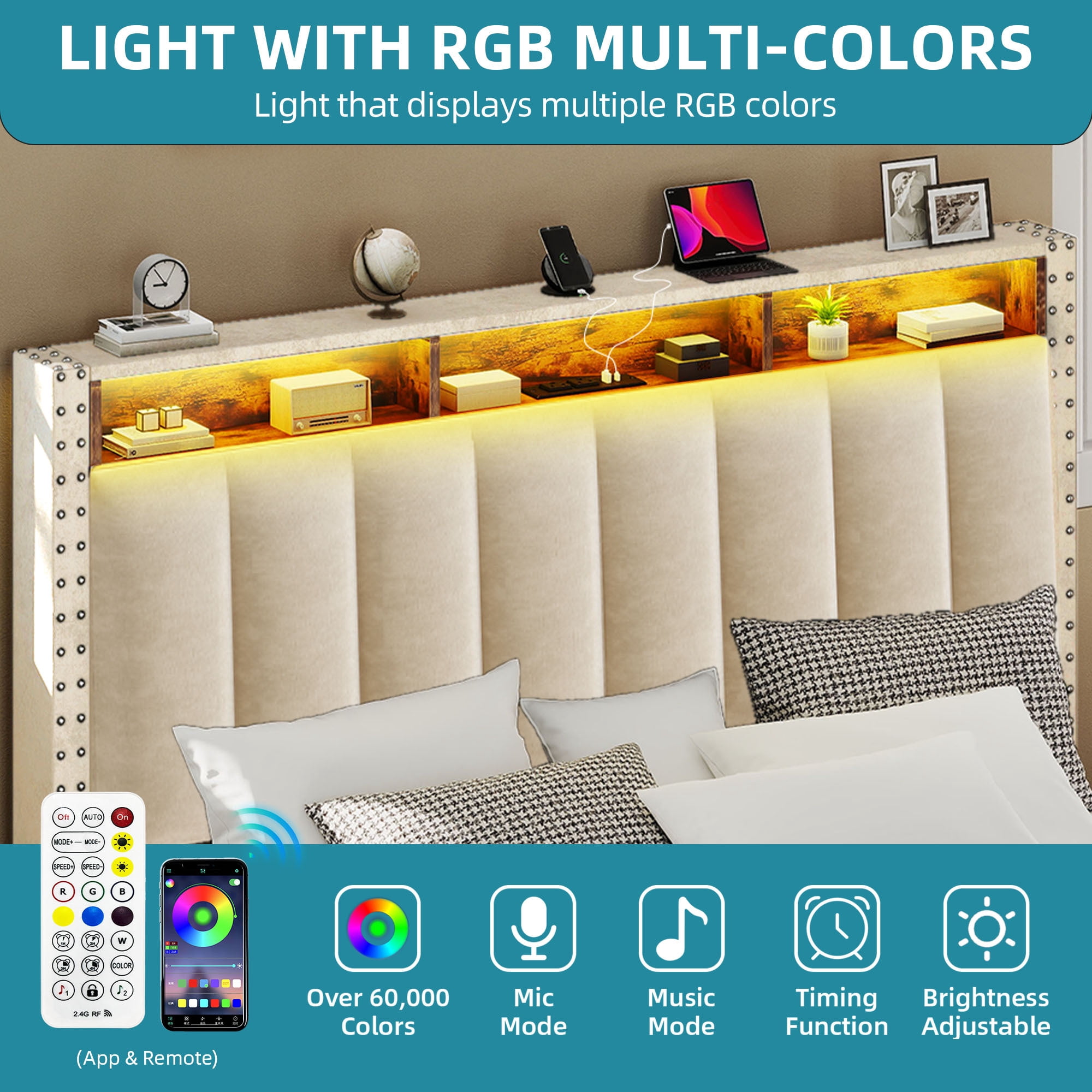 Uforic Full Size LED Velvet Upholstered Platform Bed, Storage Bed Frame with 4 Storage Drawers and Charging Station, Beige
