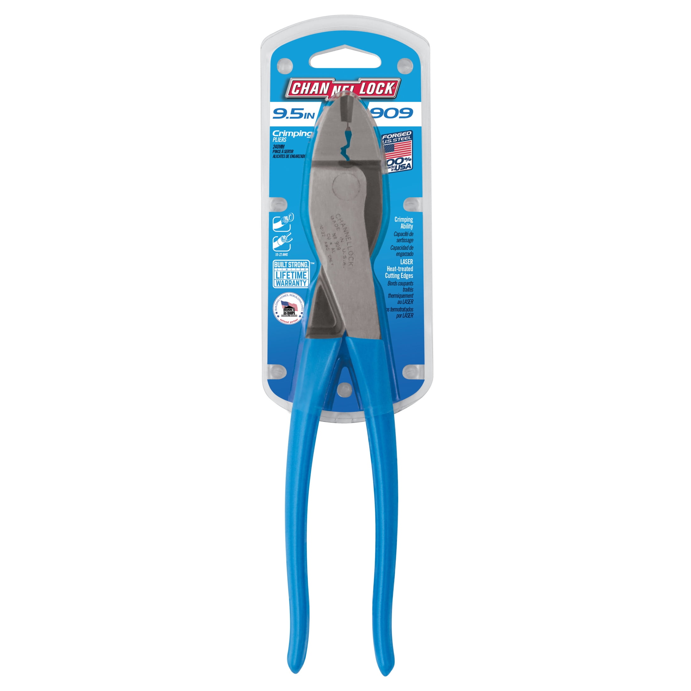 CHANNELLOCK 9.5-inch Wire Crimping Pliers, Ideal for Insulated and Non-insulated Connections and Terminals Using 10-22 AWG Wire, Made in USA (909)
