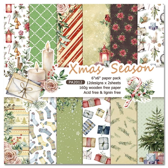 ESTONE 24pcs 6x6 Inch Xmas Season Background Paper Pad for Scrapbooking Decor Journal
