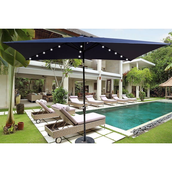 10 x 6.5ft Rectangular Patio Umbrella with Solar-Powered LED Lights - Outdoor Umbrella with Crank & Push Button Tilt for Garden, Pool, or Backyard Shade