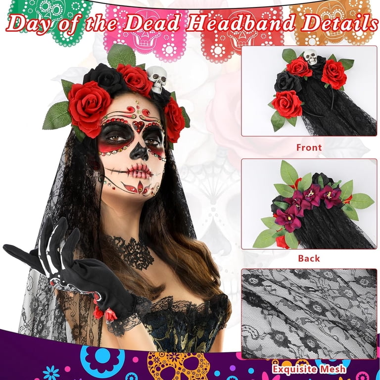 Day Of The Dead Halloween Floral Skull Headband Veil & Stockings Costume Set 4PCS Day of the Dead Costume Set for Women, Flower Skull  main image 3