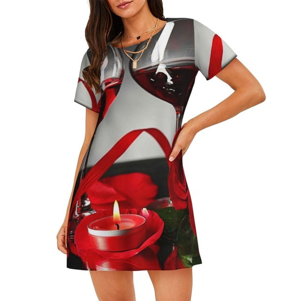Fotbe Red Wine Rose Bata de Dormir para Mujer con Estampado, Camisón de Algodón de Manga Corta, Ropa de Dormir Casual