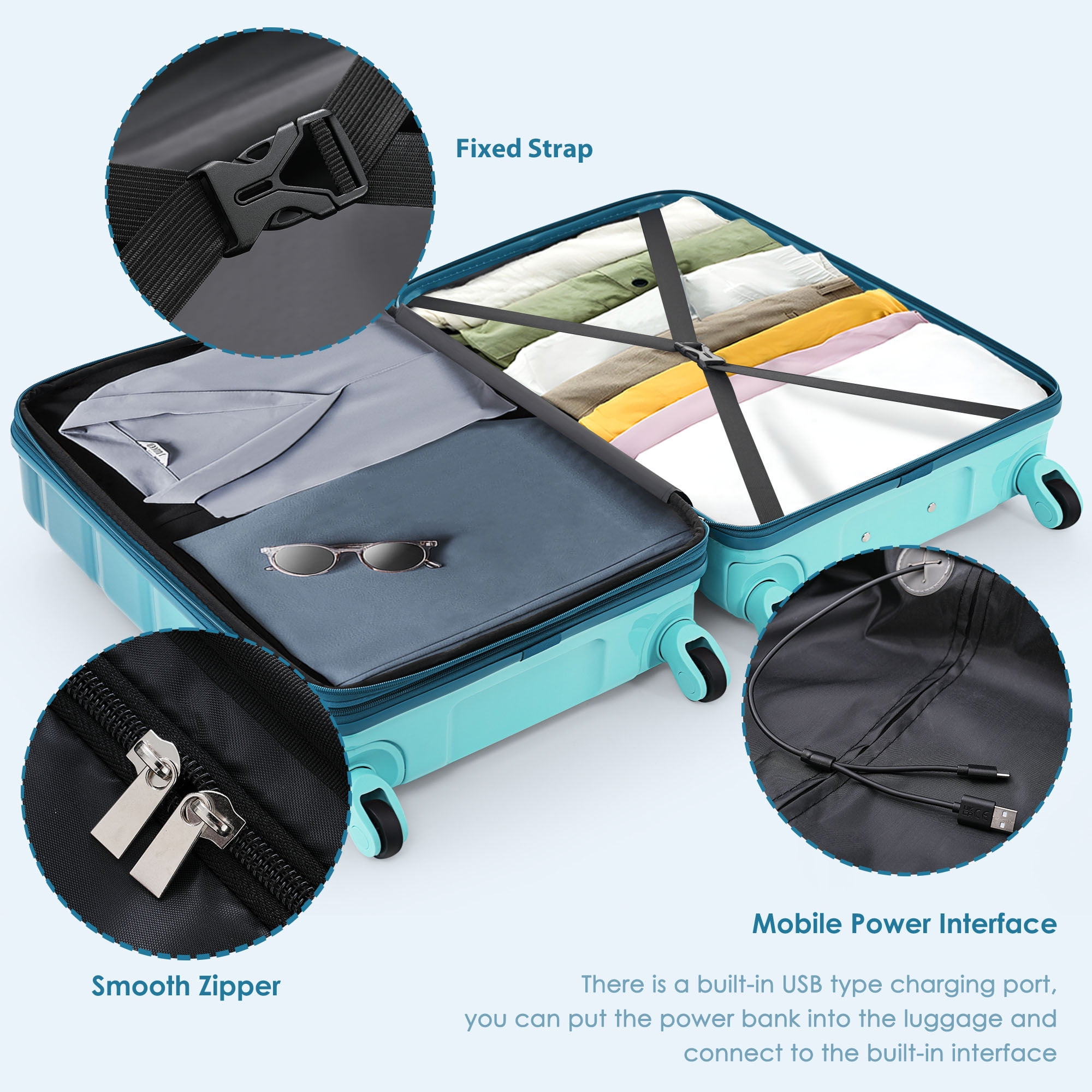 Euroco 5 Piece Luggage Sets, 20" Carry-on Suitcase with USB Port ,Cup Holder and 2 Travel Bags,Hardside Lightweight Durable Suitcase Set with TSA Lock and Spinner Wheels(20"/24"/28"),Blue