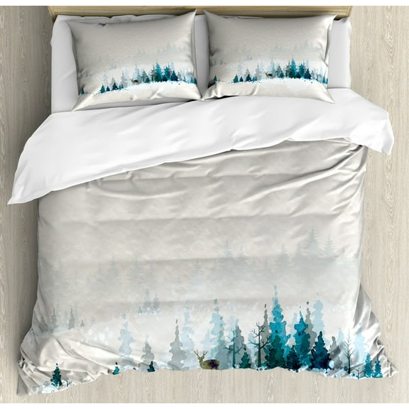 Christmas Duvet Cover Set, Watercolor Style Winter Scenery on the Valley with Shadow Effects Artisan Print, Decorative 3 Piece Bedding Set with 2 Pillow Shams, Calking Size, White Blue, by Ambesonne