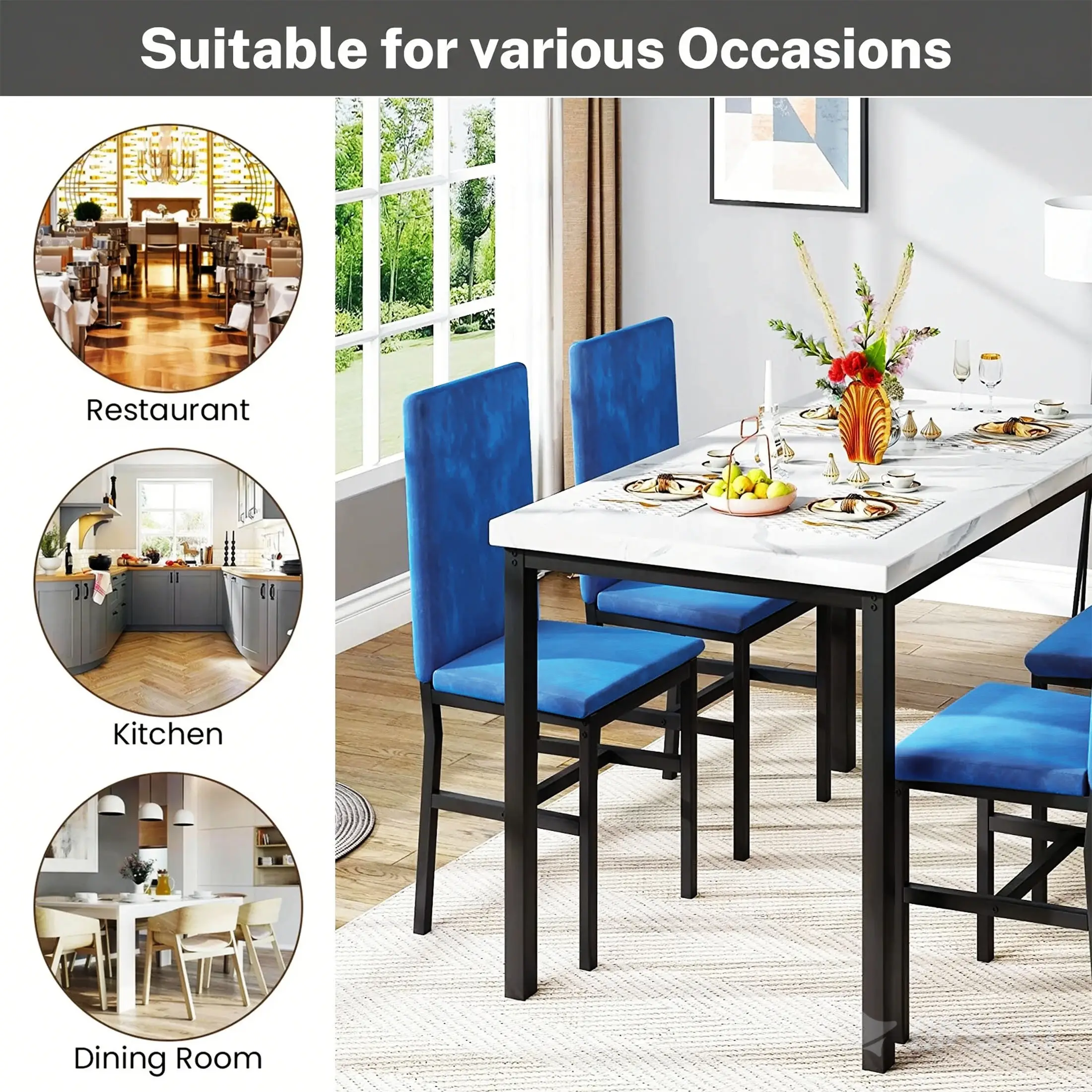 Dining Table Set for 4, Modern Marble Dine Table with 4 Velvet Chairs, Modern Kitchen Table Set for Home, Breakfast Nook, Cafeteria Dining Room, Blue