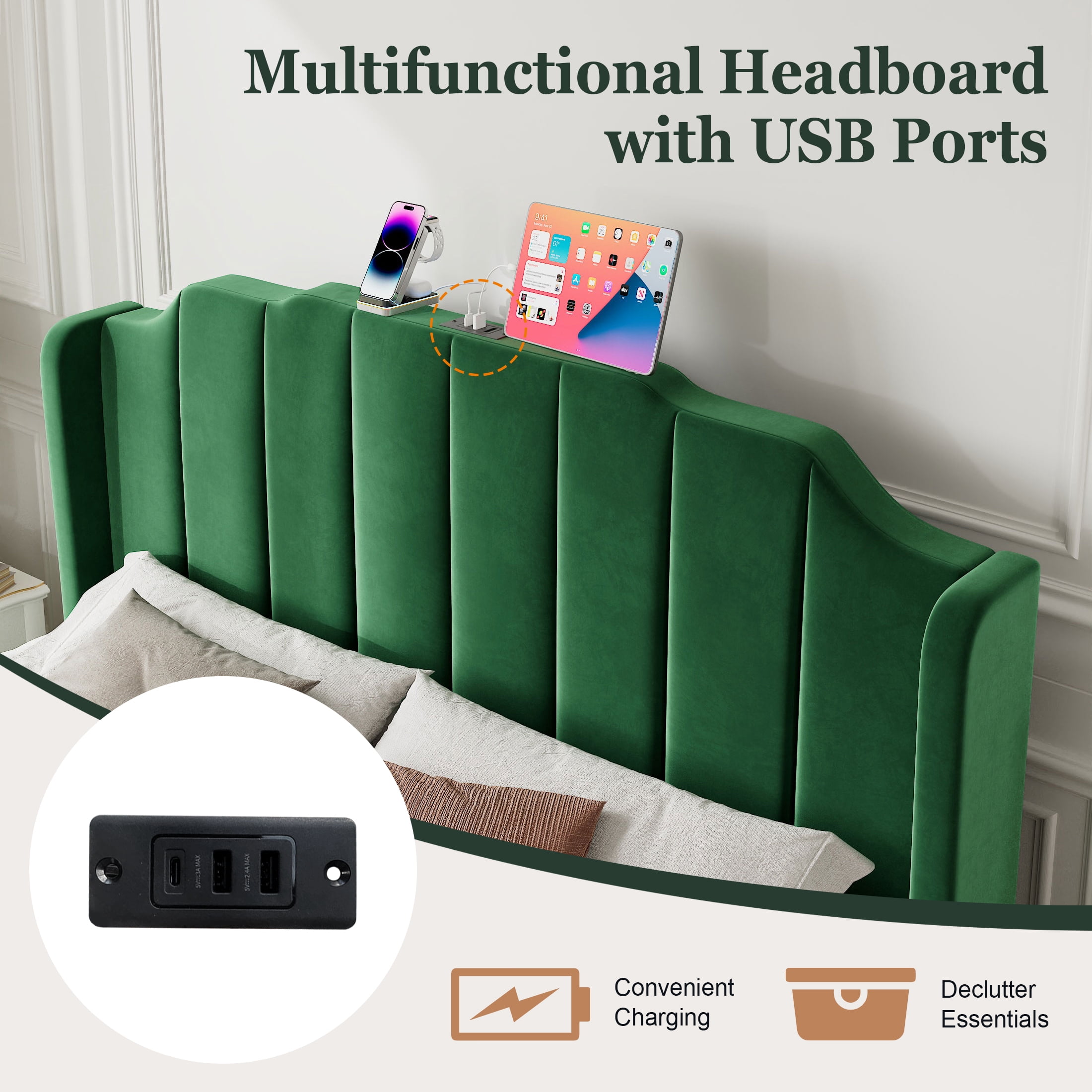 Amolife Full Size Upholstered Platform Bed Frame with USB Ports & Curved Velvet Wingback Headboard, Green
