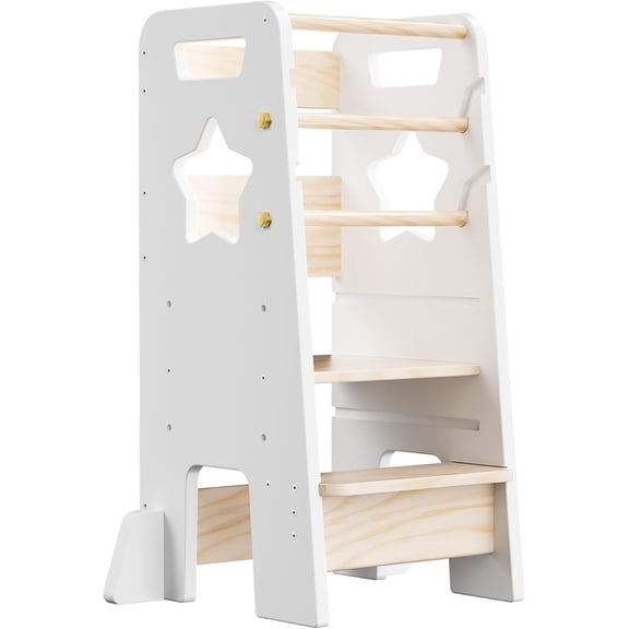 Toddler Standing Tower, Montessori Kids Step Stool with 3 Levels Adjustable Height, Wooden Kitchen Stool Helper with Removable Safety Bars, White