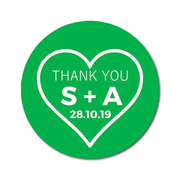 Darling Souvenir Rond 45 Pcs Autocollants Cœur Merci Personnalisés Mariée Marié Initiales et Date Sceaux d'Enveloppe - Vert