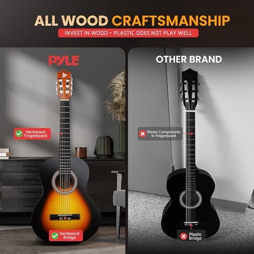 Pyle Beginner Acoustic Guitar Kit, 3/4 Junior Size All Wood Instrument for Kids, Adults, 36" Sunburst Teardrop Matte