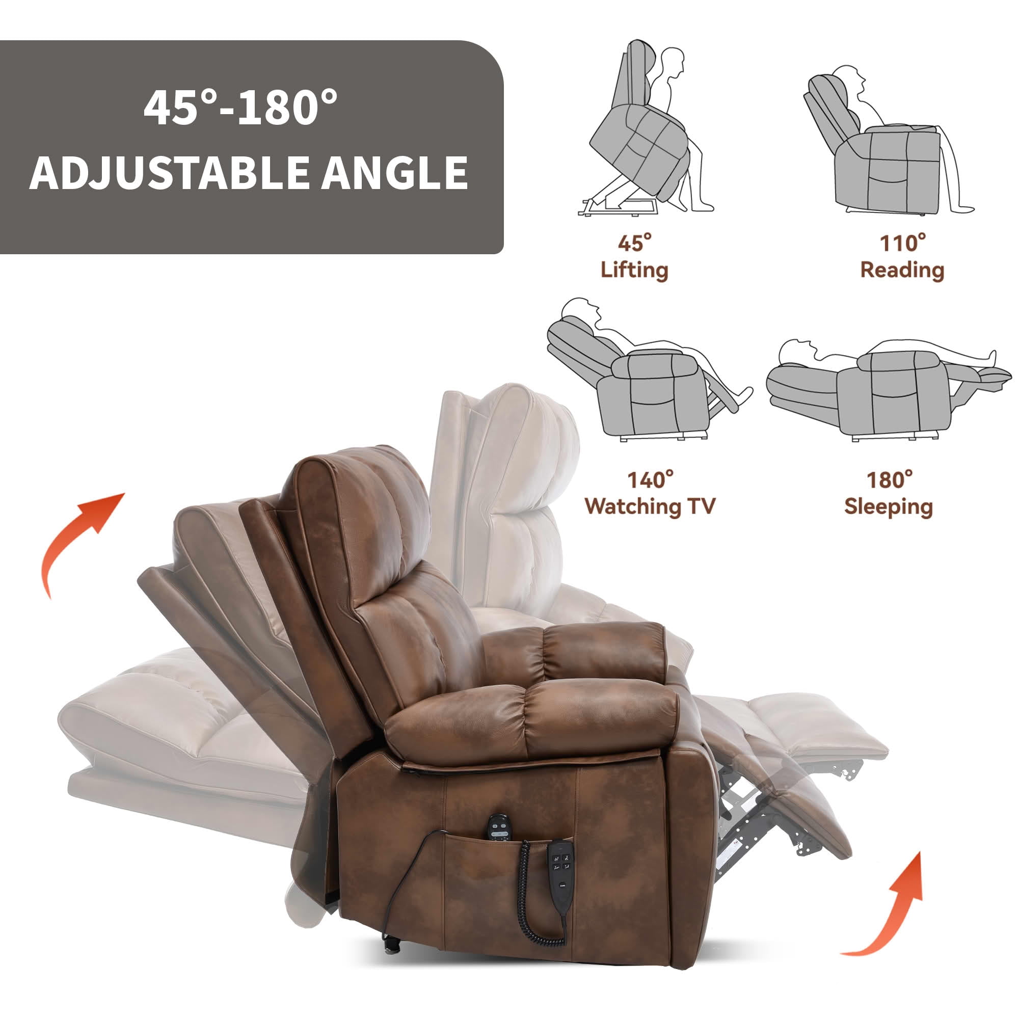 MAYEERTY Brown Dual Motor Power Lift Recliner, 350lbs Infinite Position Massage Heat Hidden Cup Holders for Elderly 41"x37"x42"