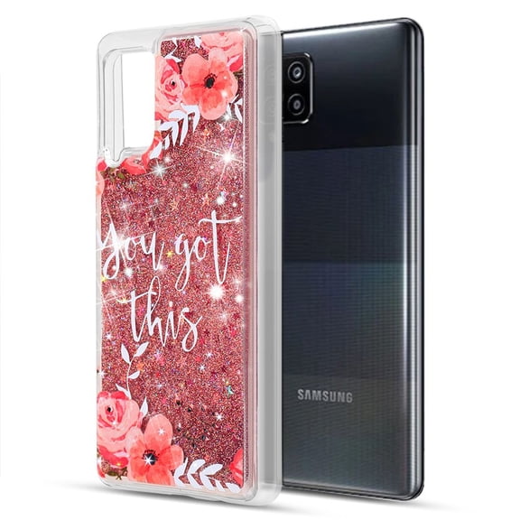 Bemz Waterfall Case for Samsung Galaxy A42 5G (Flowing Liquid Glitter Bling Protection Cover) with Touch Tool - Pink Floral (You Got This)