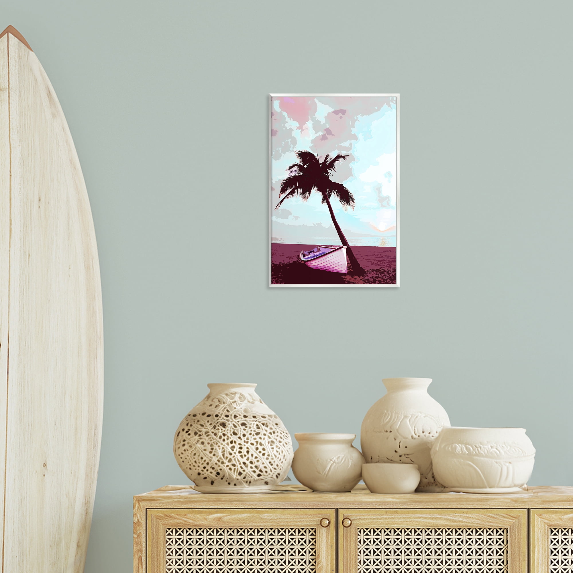 Stupell Industries Boat & Palm Tree Landscape Painting Unframed Art Print Wall Art, 13 x 19