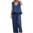 thumbnail image 4 of mihongmao 80s Outfit for Ladies Date Night Sets Women's Casual Summer Beach Loose Two Piece Outfit Sleeveless V Neck Ruffle Top Wide Leg Pants Set Navy M, 4 of 9