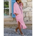 thumbnail image 3 of Womens Casual Loose Cotton Linen Long Shirt Dress Lapel Button Cuffed Sleeve Side Split Dresses with Pockets, 3 of 13