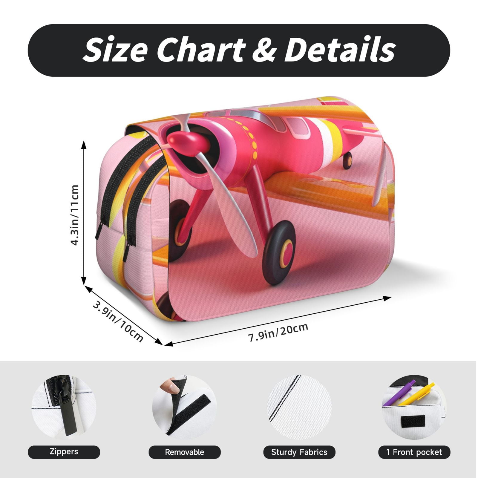 Rateoe Colorful Cartoon Biplane Pattern Double Clamshell Pen Case, Storage Organizer with Two Zipper Compartments– Holds Up to 50 Pencils & Pens