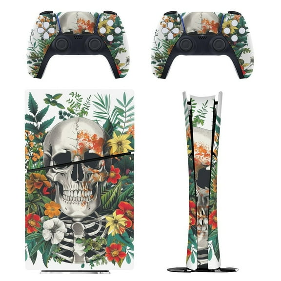 Skin Sticker for PS5 Slim Standard PS5 Pro Disc Digital Edition Console and Controllers Decals for Playstation 5 (Skull Flowers Illustration ,PS5 Pro Standard)