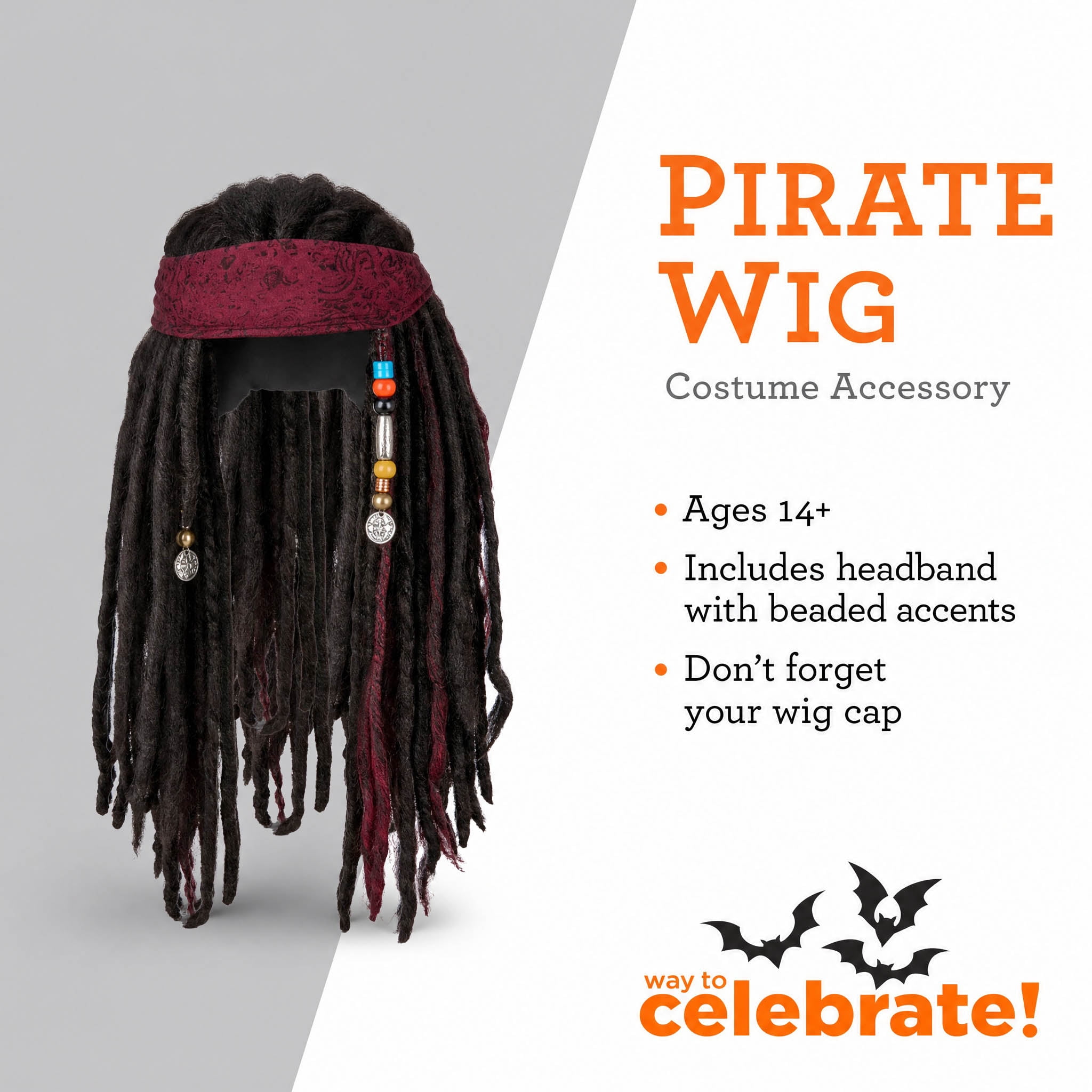 Pirate Wig Costume Accessory for Adults, Black, Halloween by Way To Celebrate