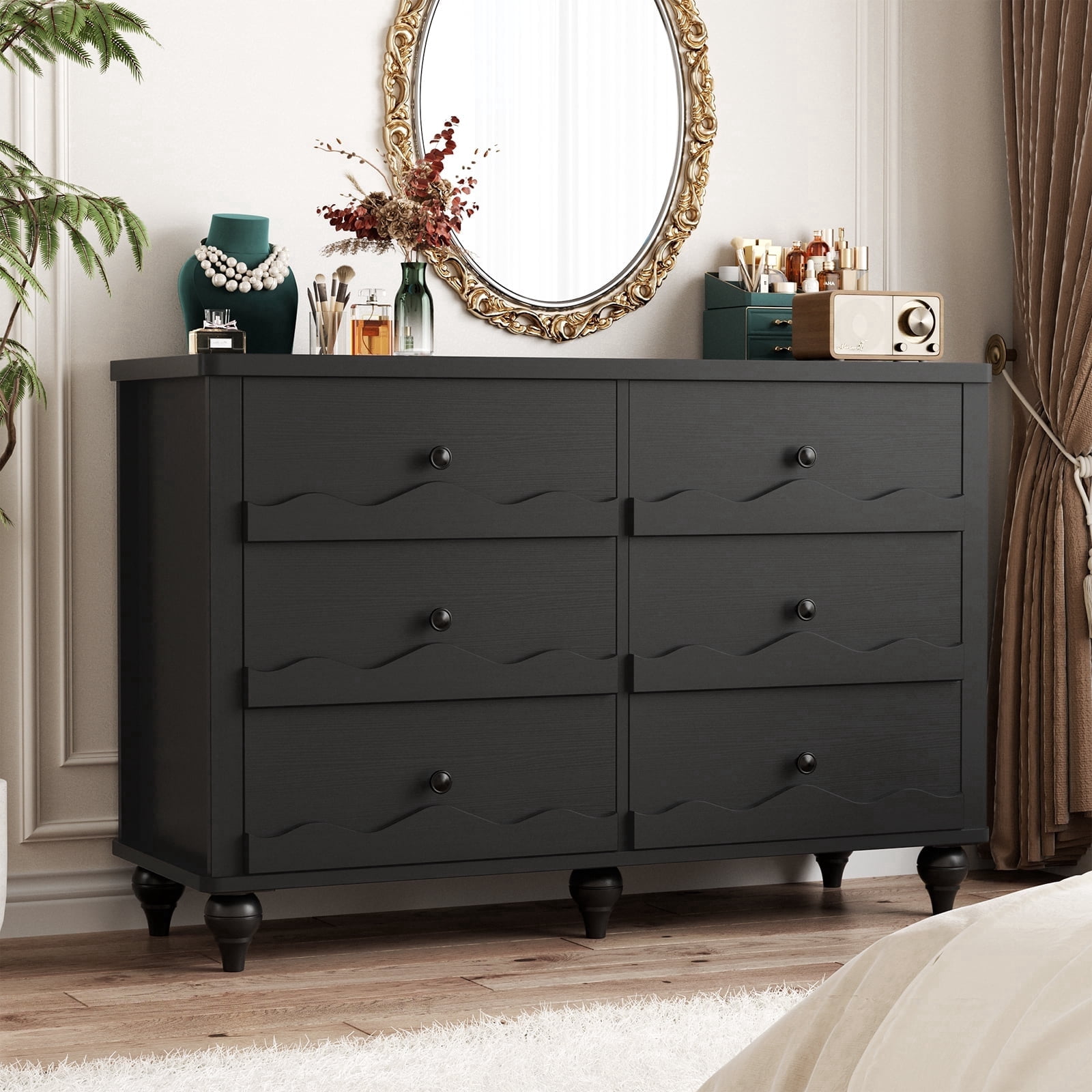 Homieasy 6-Drawer Dresser for Bedroom - 43" Modern Chest of Drawers with Scalloped Front, Storage Organizer for Living Room, Hallway & Entryway,Black