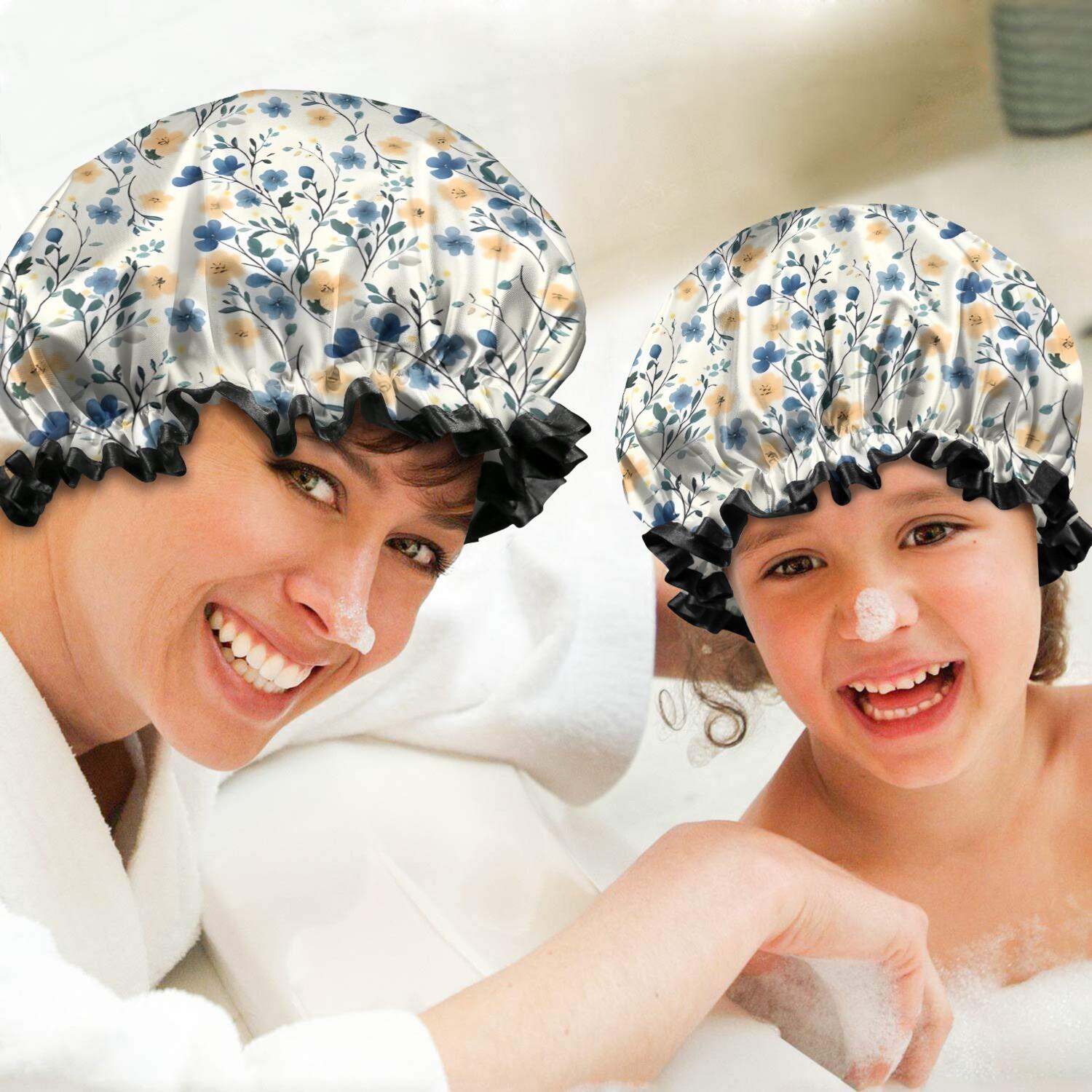 Shower Caps,Pioneer Flower Floral Print Pattern Waterproof Shower Cap for Women 4 Pieces,Double Reusable Hair Cover for Shower PEVA Elastic Stretch Hem