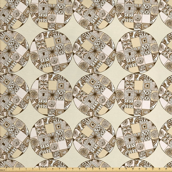 Ethnic Fabric by the Yard Upholstery, Circles with Squares and Native Cultural Geometric Motifs Vintage Art, Decorative Fabric for DIY and Home Accents, 1 Yard, Brown Beige and White by Ambesonne