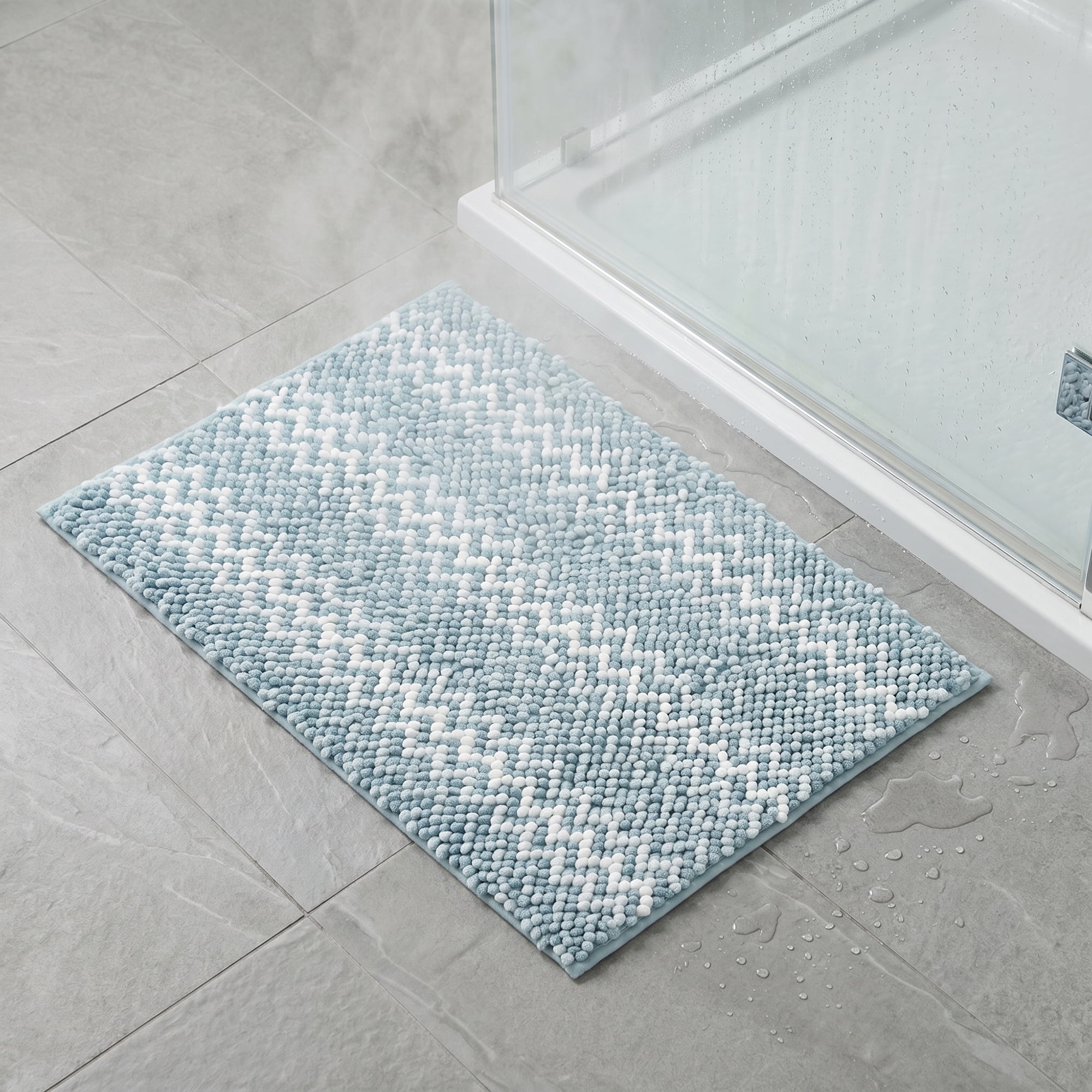 Unique Bargains Ultra Soft Non Slip Machine Washable Chenille Bath Mat Blue 24" x 16"