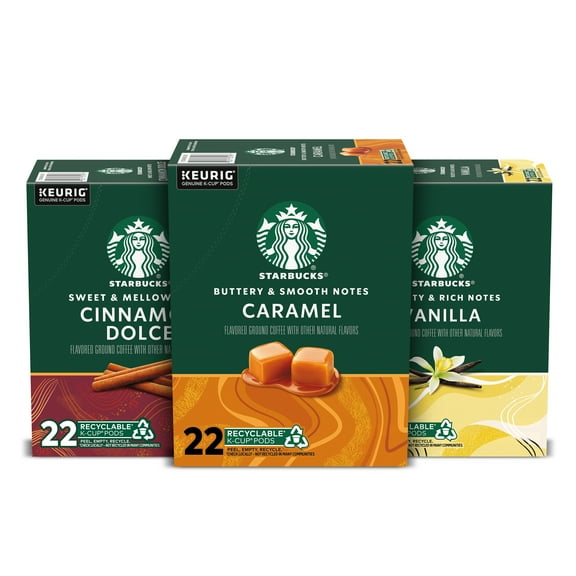 Starbucks Flavored Keurig K-Cup Coffee Pods, Variety Pack, Caramel, Cinnamon Dolce, Vanilla, 66 Count