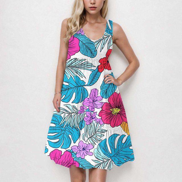 Ovzne Robes Grande Taille pour Femmes aux Formes Robe de Plage Mode Robe Sans Manches pour Femmes Col Rond Imprimé Floral Plissée Ajustée Robe de Plage Gâteau Robe de Printemps Imprimée Liquidation
