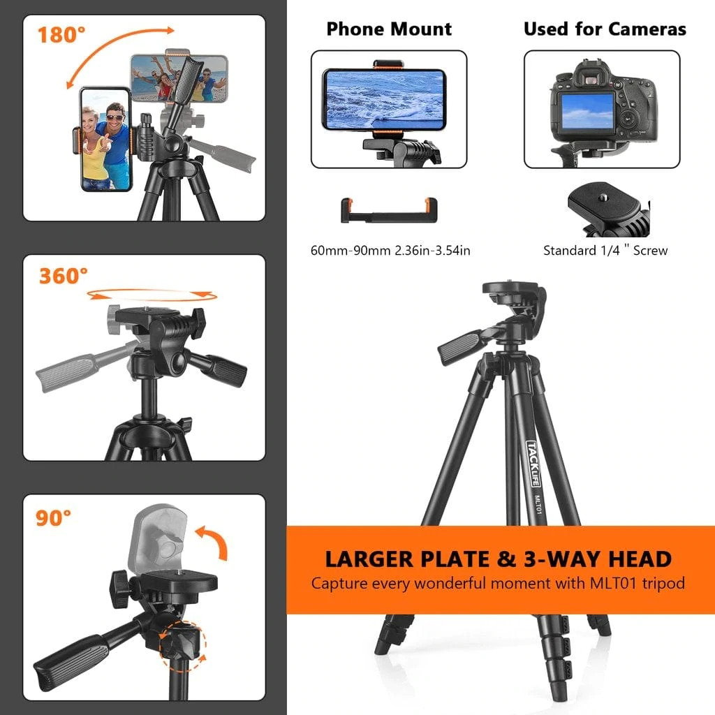 TACKLIFE Camera Tripod 55-inch Aluminum Travel /Selfie Phone Lightweight Tripod-MLT01 - image 4 of 6