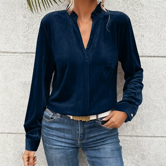 Ounisa Womens Summer Velvet Long Sleeve Button Down Casual Tops Shirts