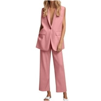 FRSASU Women's 2 Piece Suit Sets Sleeveless Button Vest and Wide Leg Pants Business Casual Work Outfits Pink L(L)