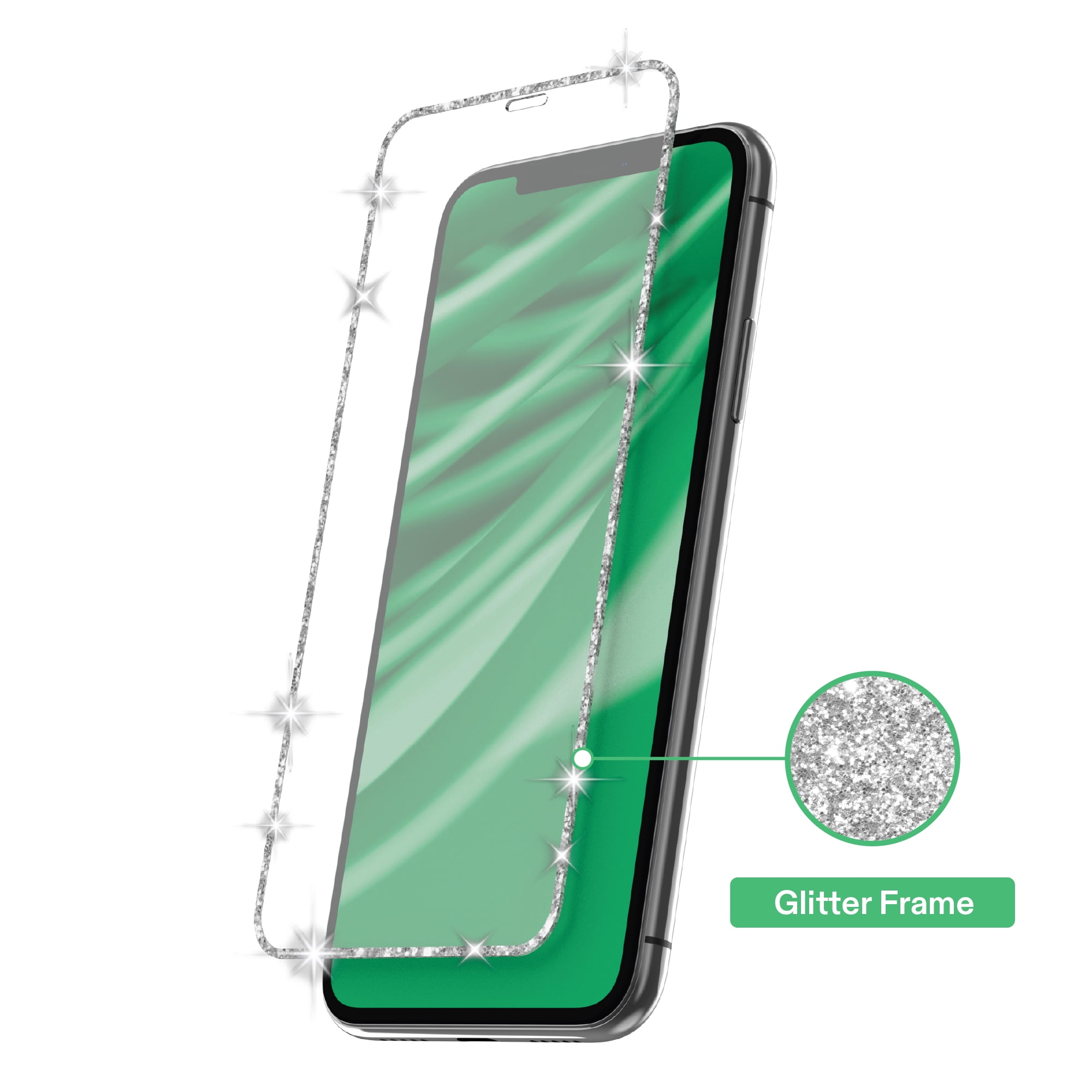 onn Glitter Frame Glass Screen Protector with Easy Application Tray for iPhone 11 / iPhone XR