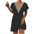 thumbnail image 2 of Mefallenssiah Robe d'Été Mode Femme Décontractée Unie Col en V Manches Courtes Vacances Dentelle, 2 of 7