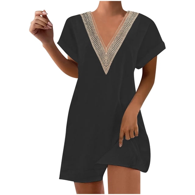 Birdeem Mode Femme Été Uni Décontracté Col en V Manches Courtes Vacances Robe en Dentelle
