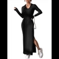 thumbnail image 2 of Vestido Maxi de Punto Acanalado con Cuello en V y Larga para Mujer, con Abertura en el Muslo y Ajustado. Negro XXL, 2 of 9