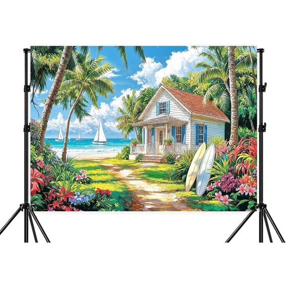 8X6ft Fabric Summer Sea Backdrop - Tropical Beach Plants Photography Backdrops (Villa Terrace & Palm Trees), Trendy Coastal Vibe Aesthetic Summer Party Photo Booth Background