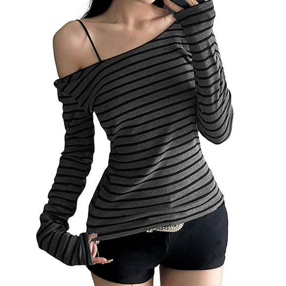 Women's Long Sleeve Striped T Shirt Slim Fit Crew Neck Crop Top Fall Clothing Pullover