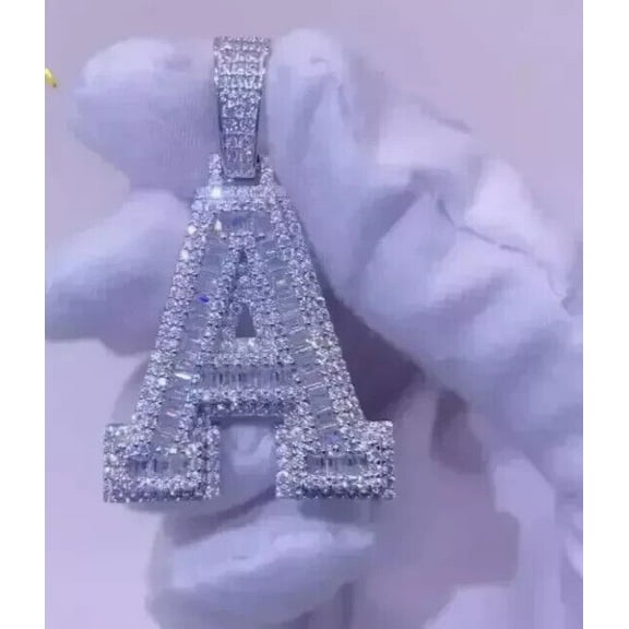 3Ct Baguette Cut Real Moissanite Customize Letter Pendant 14K White Gold Plated 925 Silver