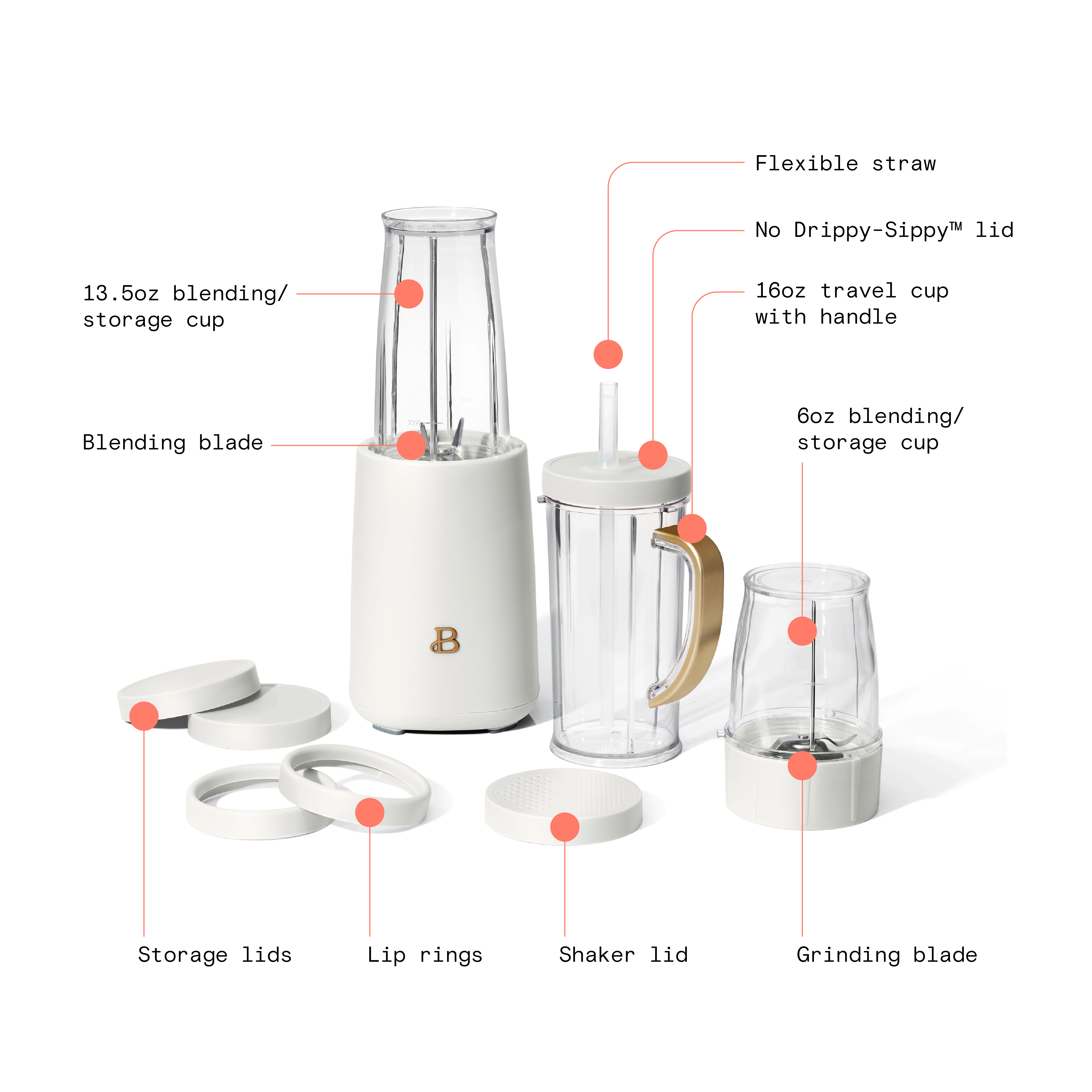 Beautiful Personal Blender Set with 12 Pieces, 240 W, White Icing by Drew Barrymore - image 5 of 13