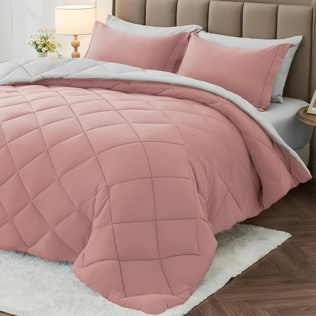 MUXHOMO 7 Pieces King Size Comforter Set, Reversible Bed in a Bag King, All Season King Bedding Set with Comforter, Flat Sheet, Fitted Sheet, Pillowcases & Shams, Pink & Light Grey