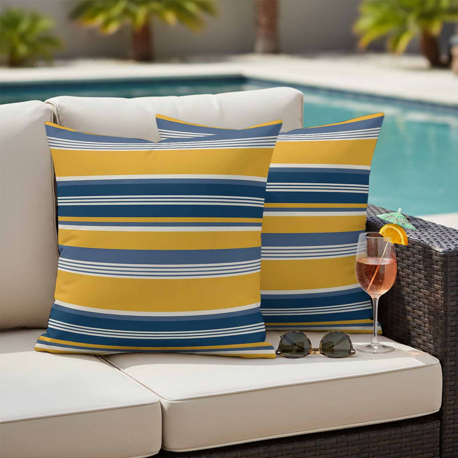 Yellow Blue Striped Outdoor Waterproof Pillow Covers, Farmhouse Vintage Stripe Decorative Square Throw Pillowcase Sofa Cushion Sham for Patio/Couch/Chair, 20"x20" 2 Pack