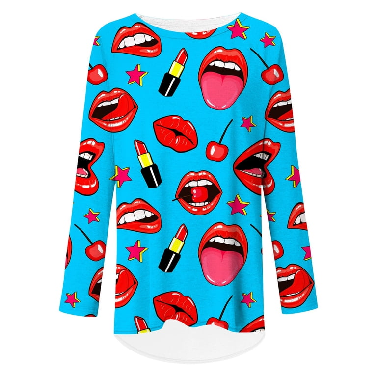 CLOOCL Women T-Shirt Cartoon Sexy Red Lips Print Tops Hip Hop Style Long  Sleeve Shirts