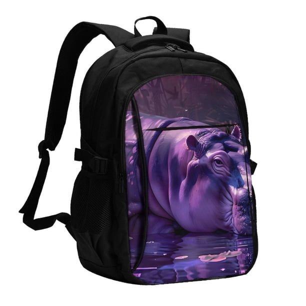 Disketp Purple Hippo In Water Mochila de Viaje Estampada para Laptop con Puerto de Carga USB, Mochila Impermeable para Computadora – Regalo para Hombres y Mujeres