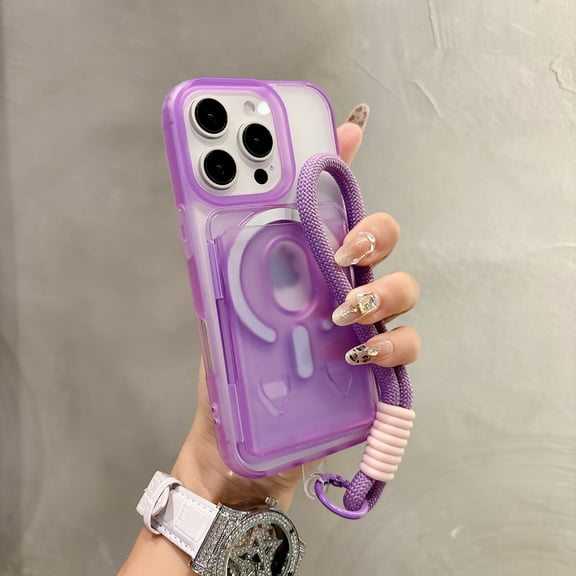 Case for iPhone 14 with Detachable Magnetic Card Slot and Wrist Strap, Compatible with MagSafe, Luxury TPU PC Anti-Scratch Protective Transparent Back Case, for iPhone 14, Purple