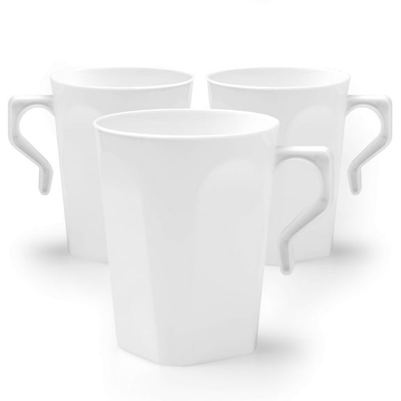 Ilyapa 50 Plastic Coffee Cups with Handles, 8 oz White - Disposable or Reusable Mug Pack